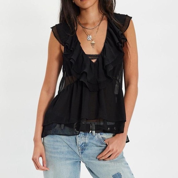 Free People Tops - Free People Black Ruffled Tank Top Size XS